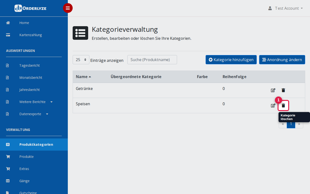 Kategorie über das Löschen-Symbol entfernen
