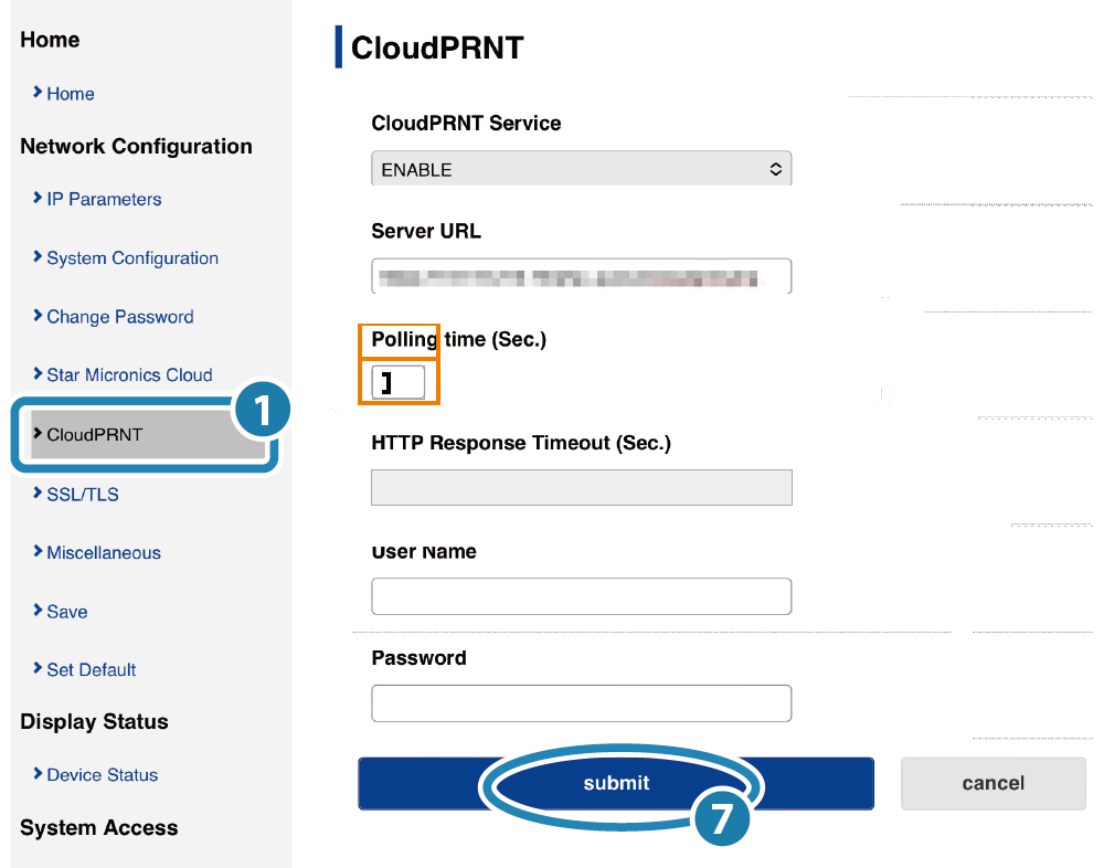 CloudPRNT-Einstellungen mit Polling time und Submit