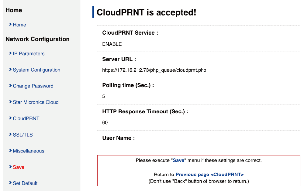 CloudPRNT-Kontrollseite nach Submit
