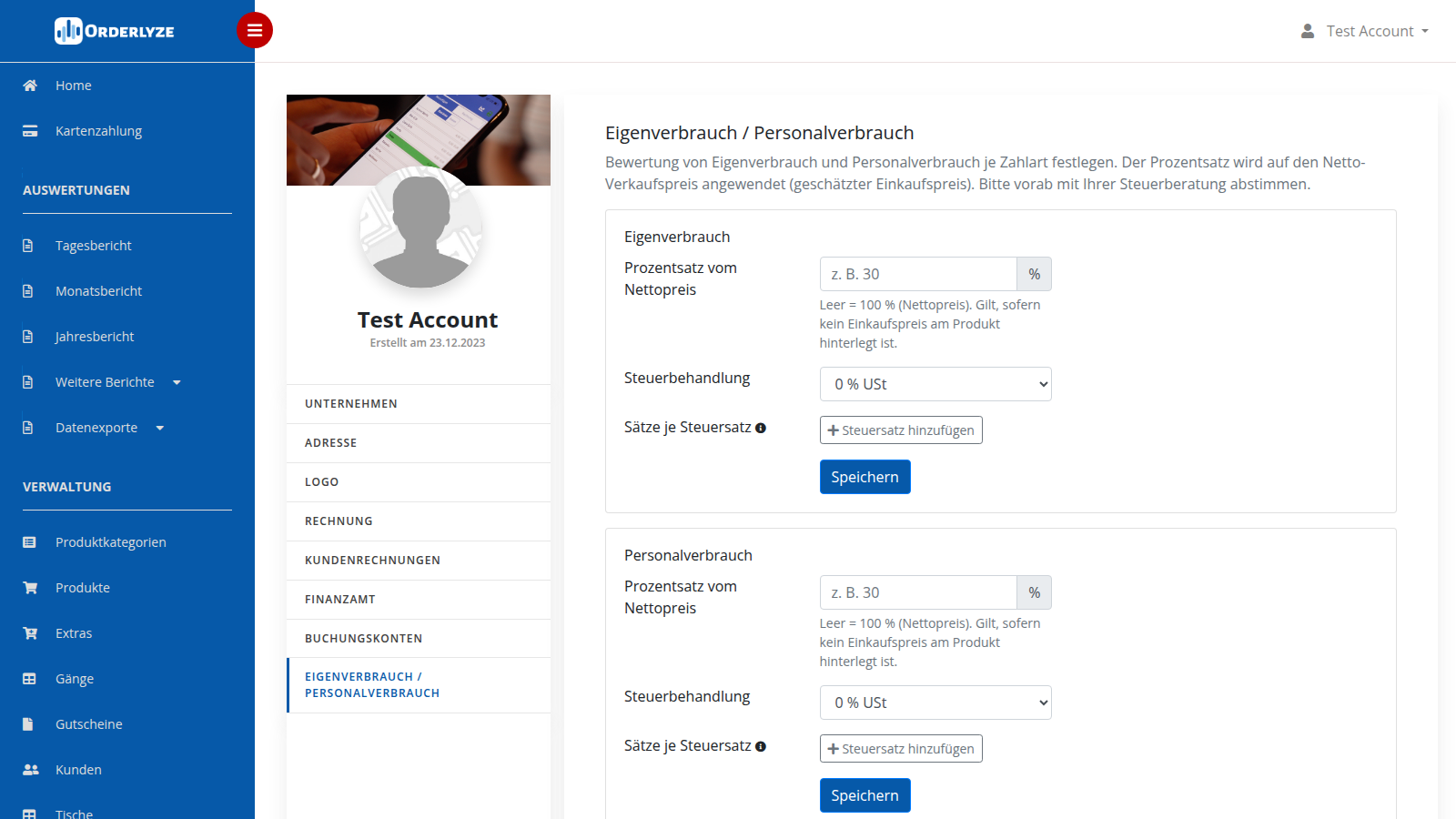 Eigenverbrauch / Personalverbrauch Einstellungen