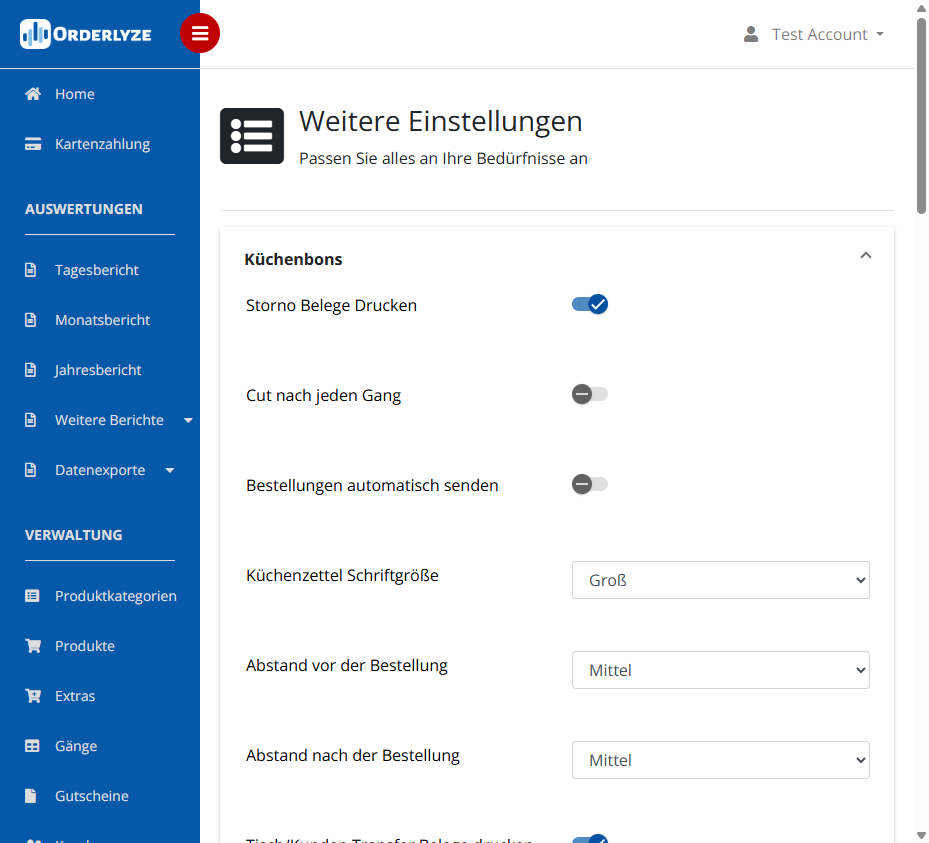 Küchenbons Einstellungen