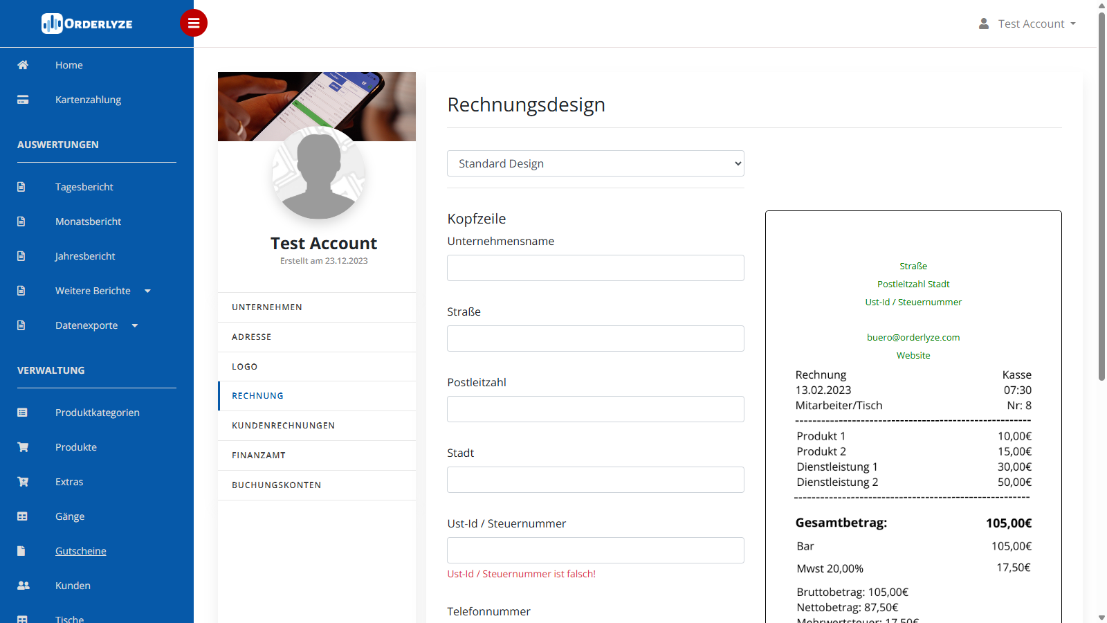 Rechnung Einstellungen