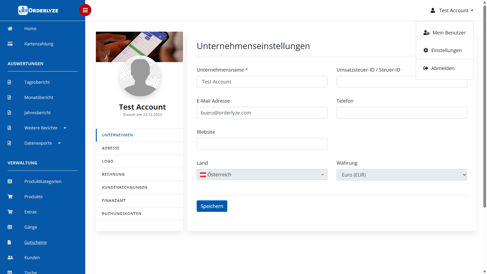 Unternehmen Einstellungen