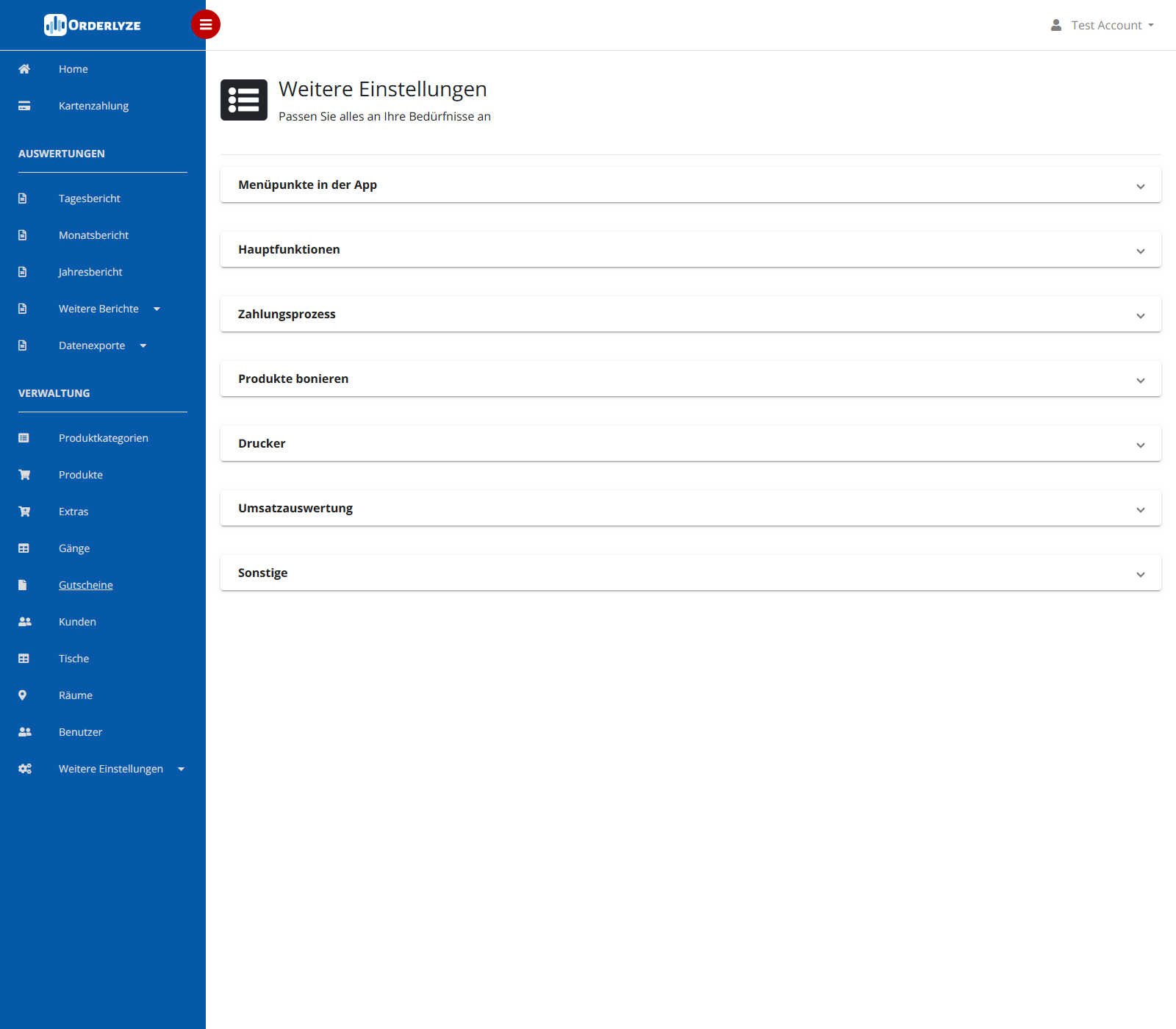 Menüpunkte in der App