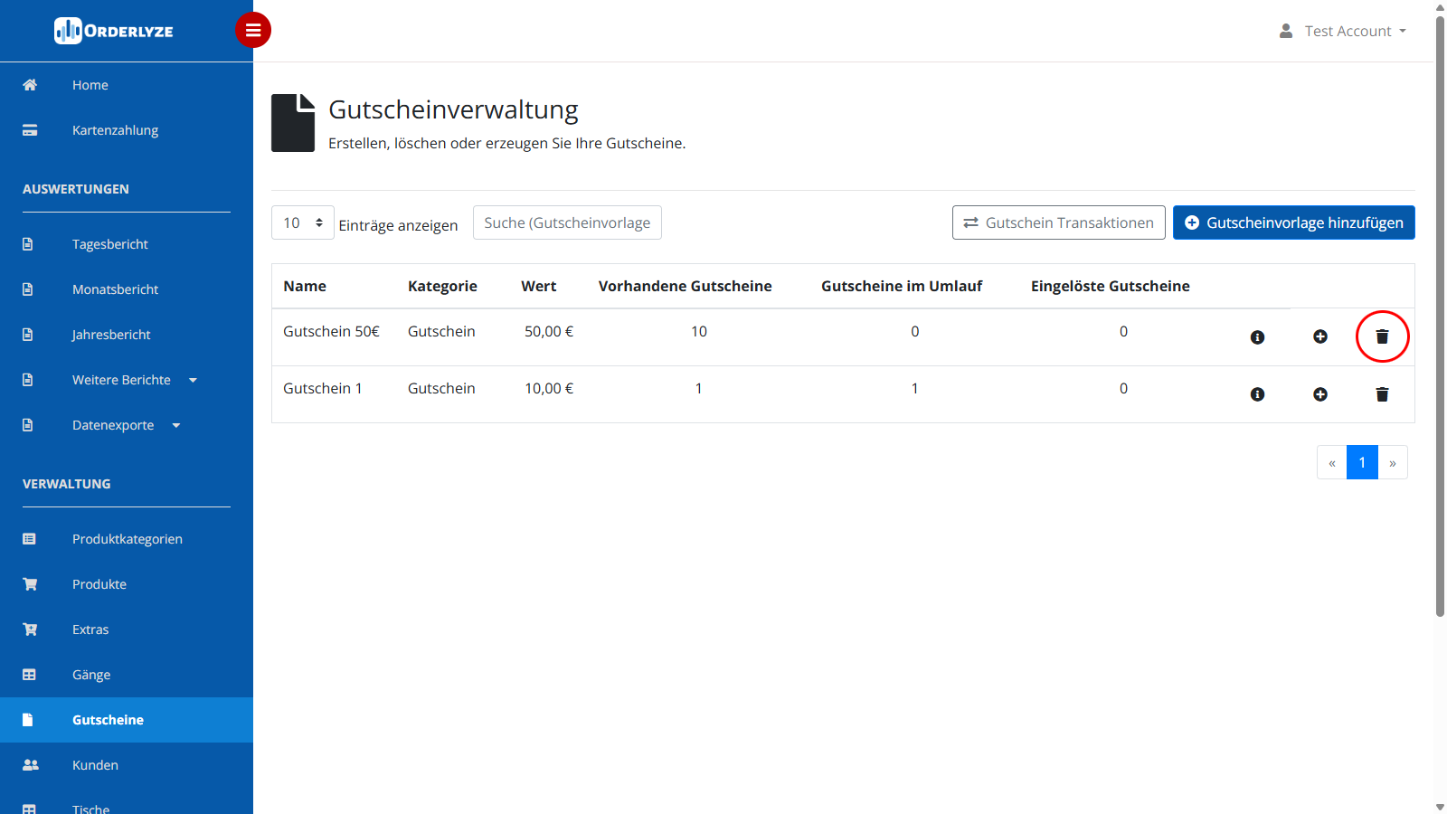 Gutscheinvorlage löschen Button