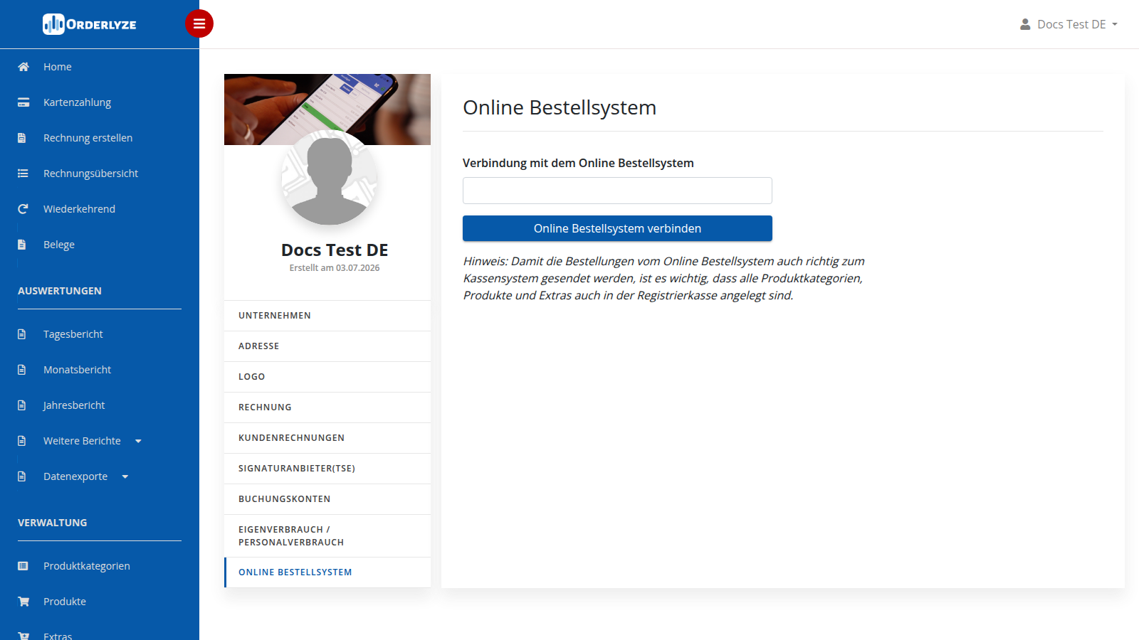 Online Bestellsystem Einstellungen