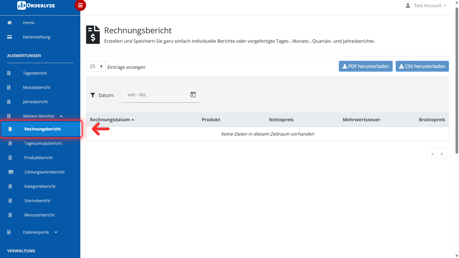 Rechnungsbericht in der Sidebar