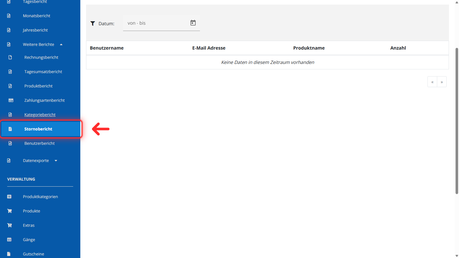Stornobericht in der Sidebar