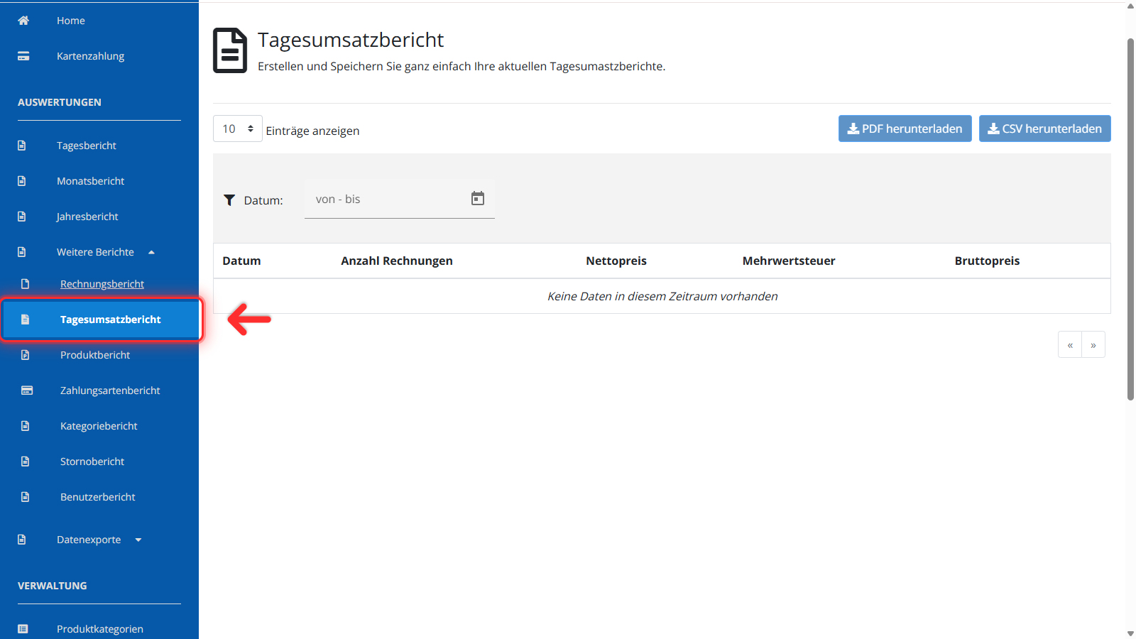 Tagesumsatzbericht in der Sidebar