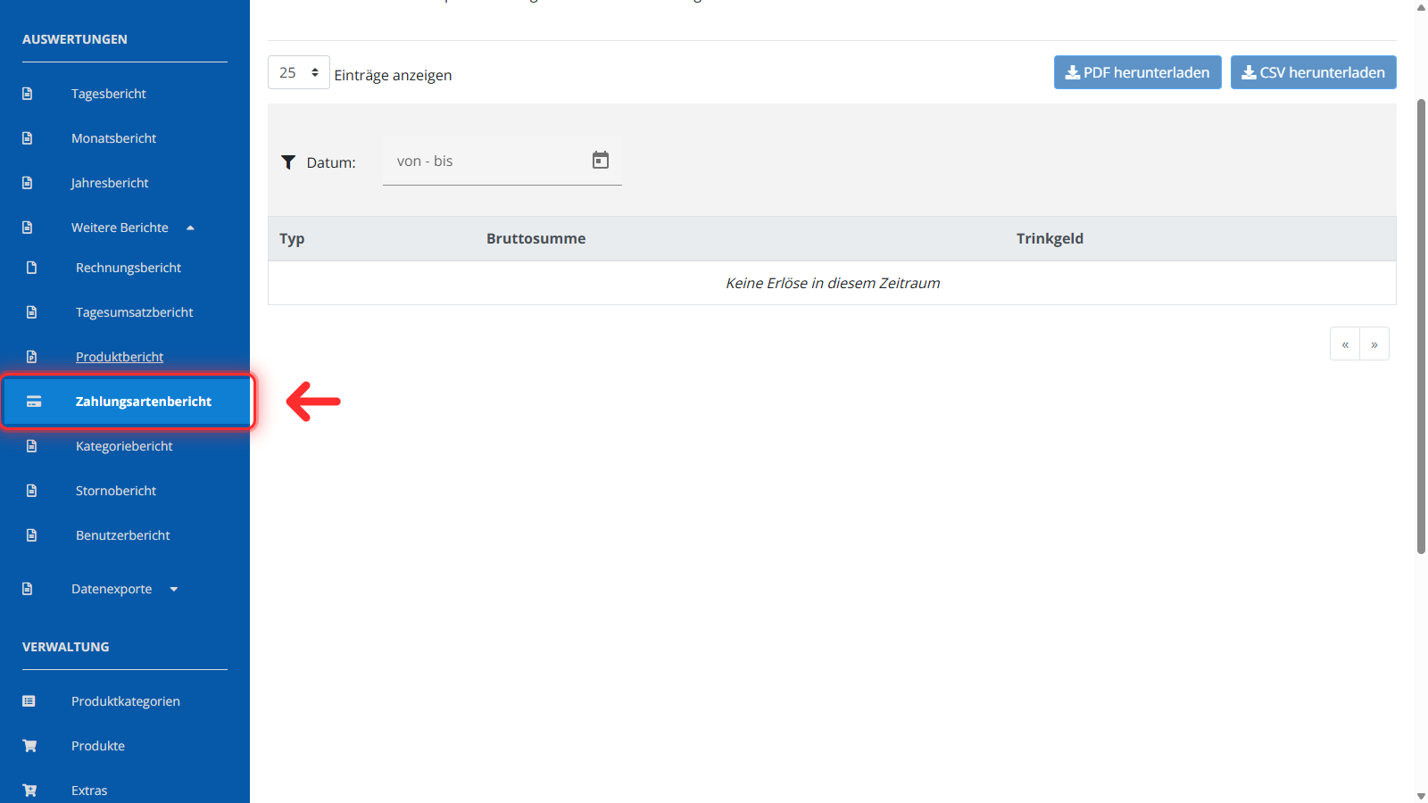 Zahlungsartenbericht in der Sidebar