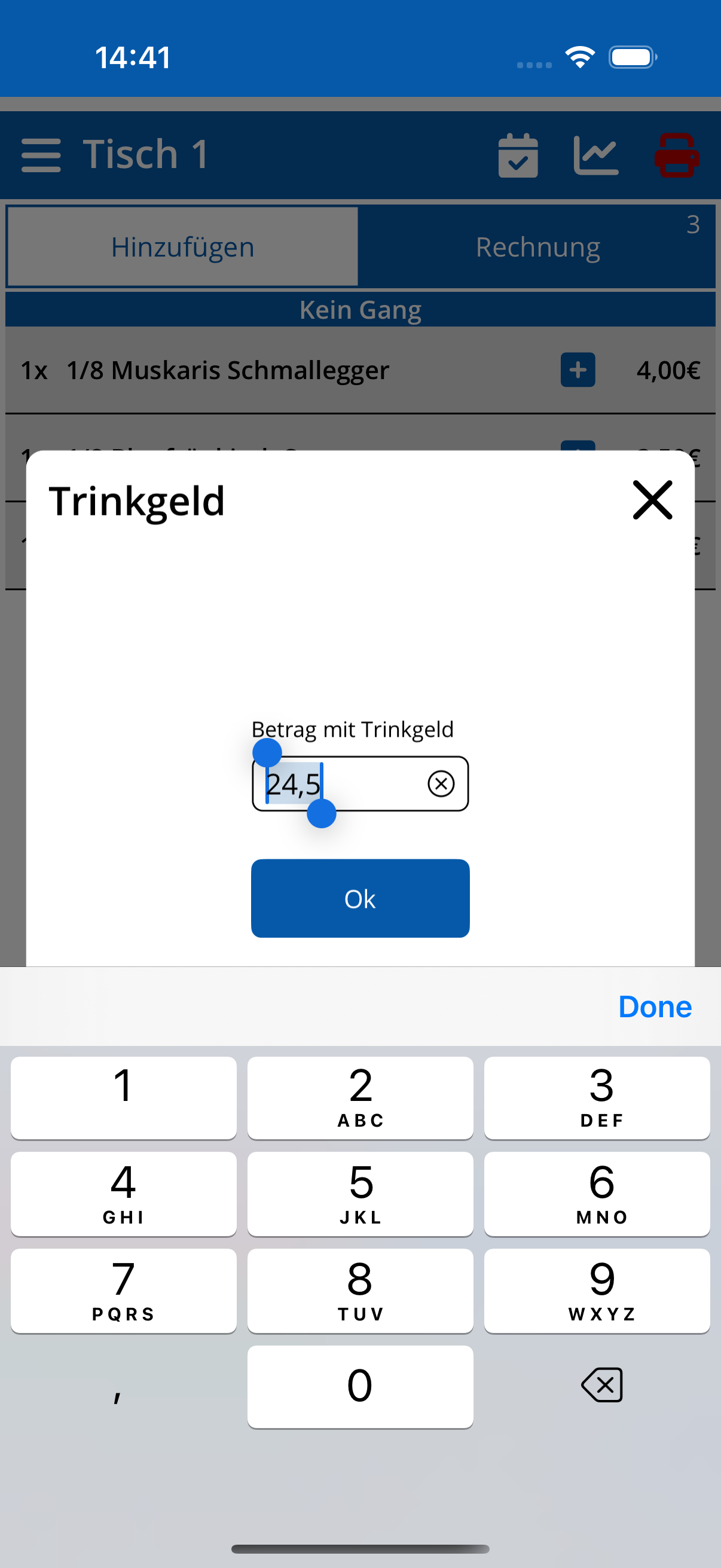 Trinkgeld eingeben (Handy)
