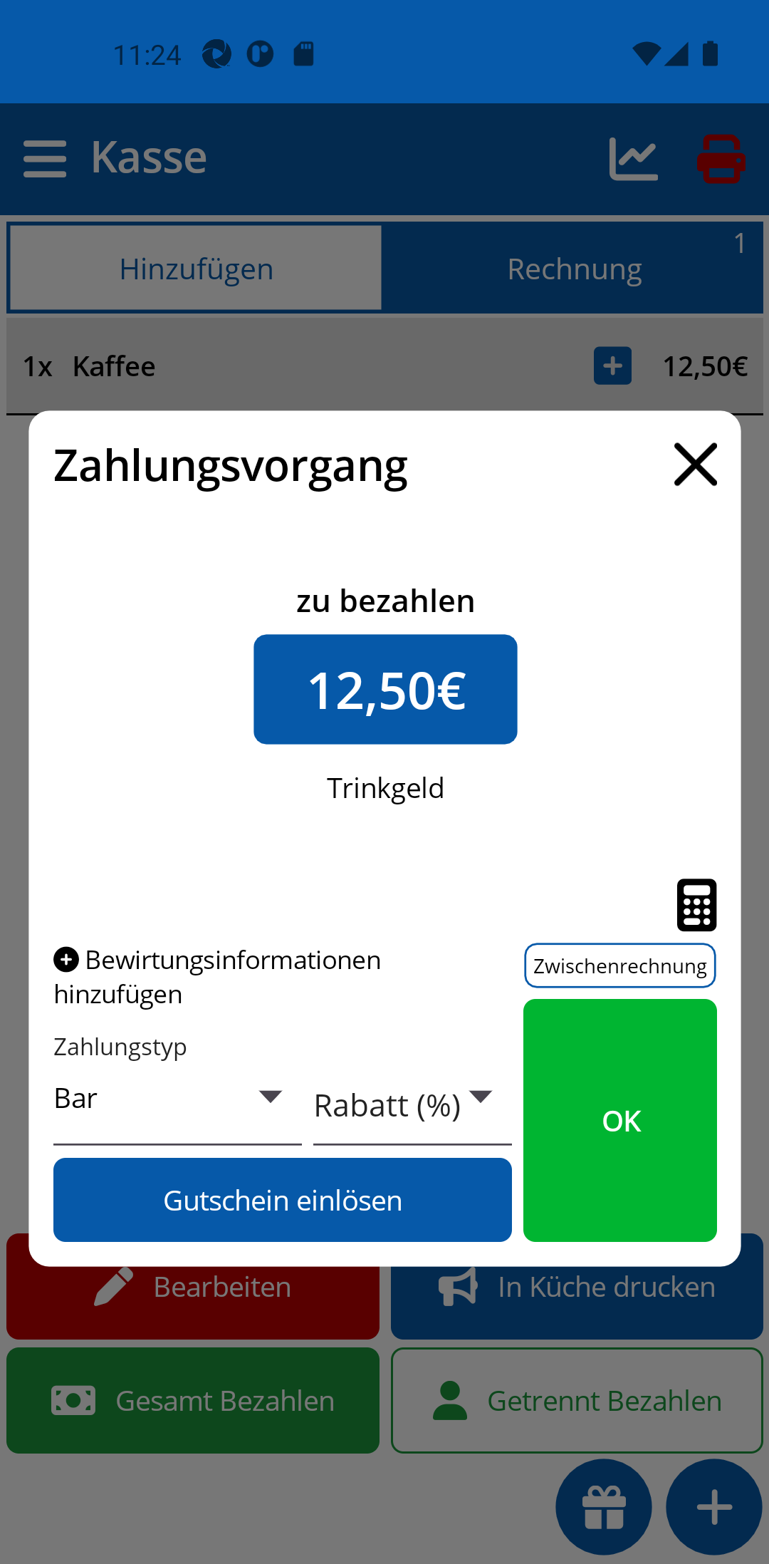 Taschenrechner-Symbol im Zahlungs-Dialog (Handy)