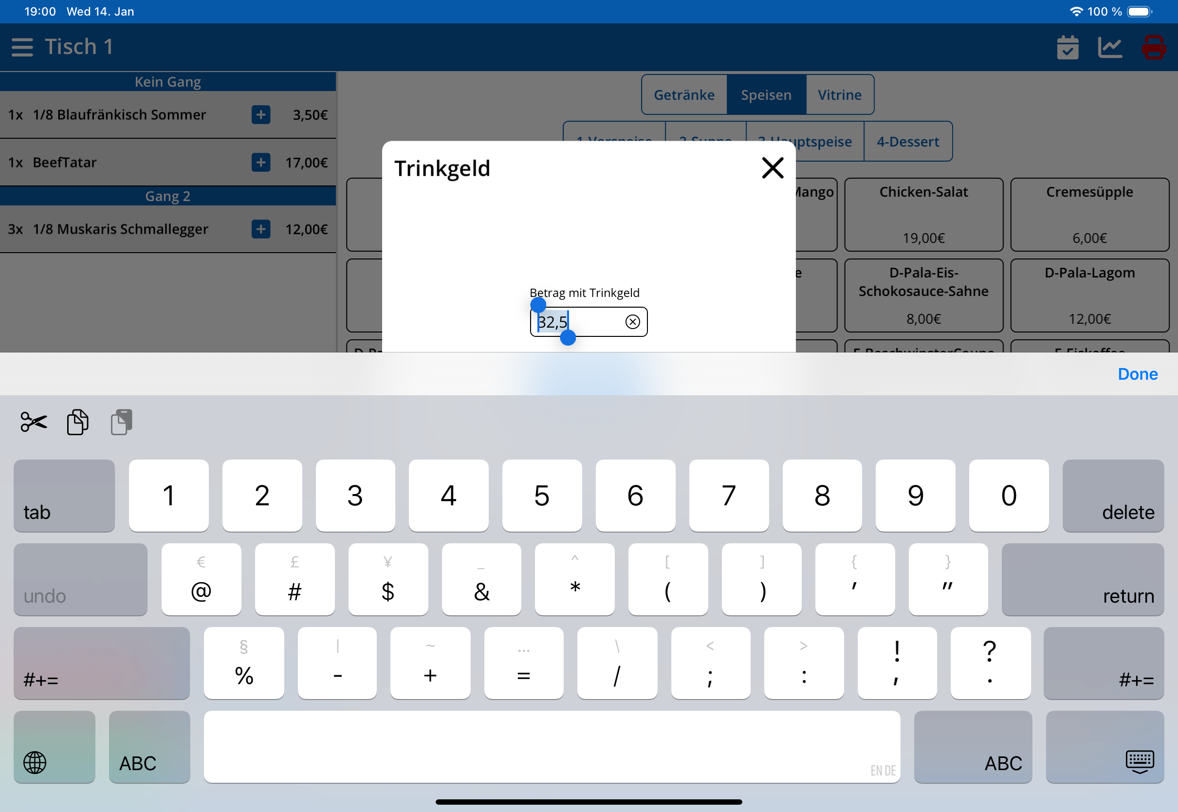 Trinkgeld eingeben (Tablet)