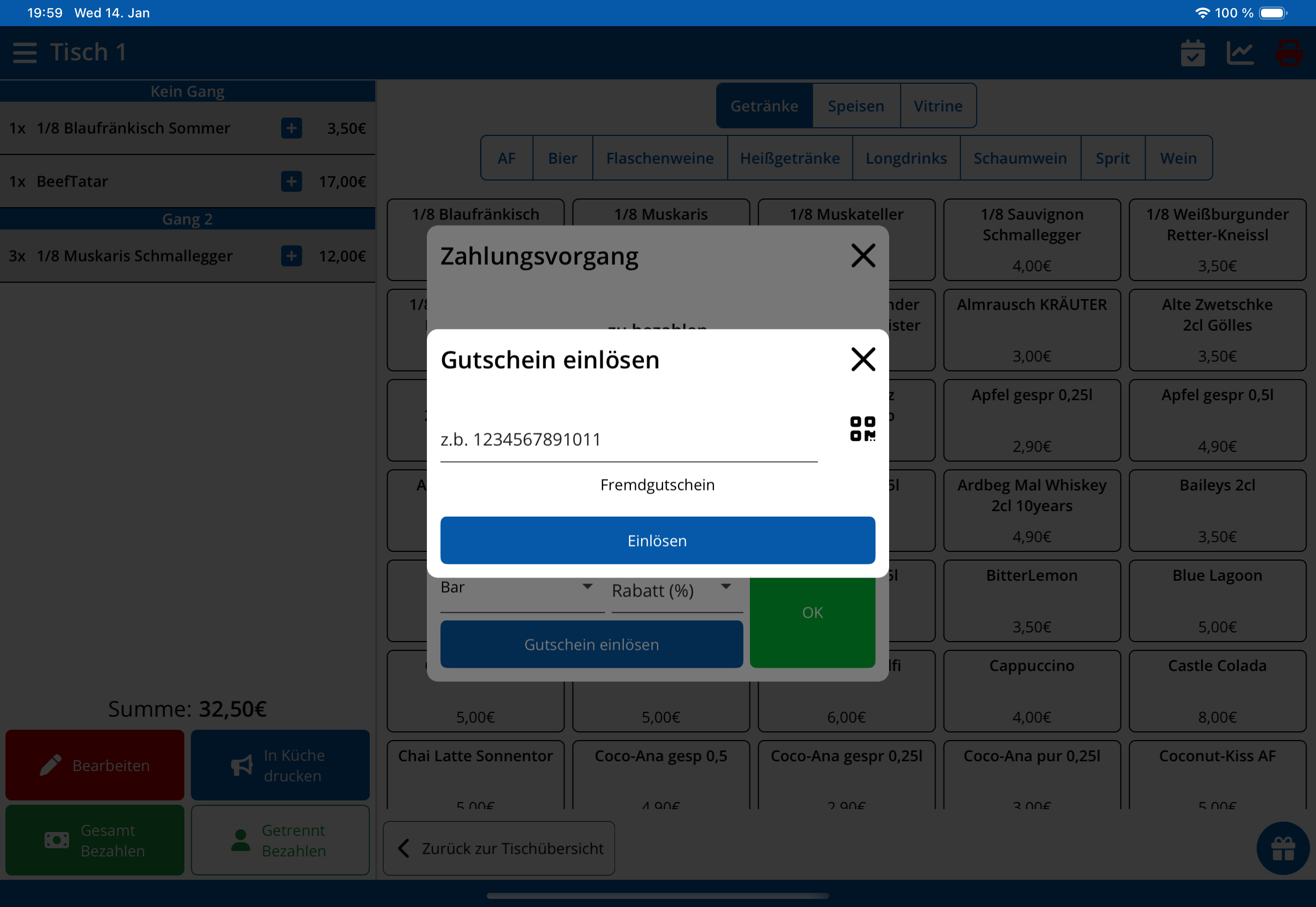 Gutschein einlösen (Tablet)