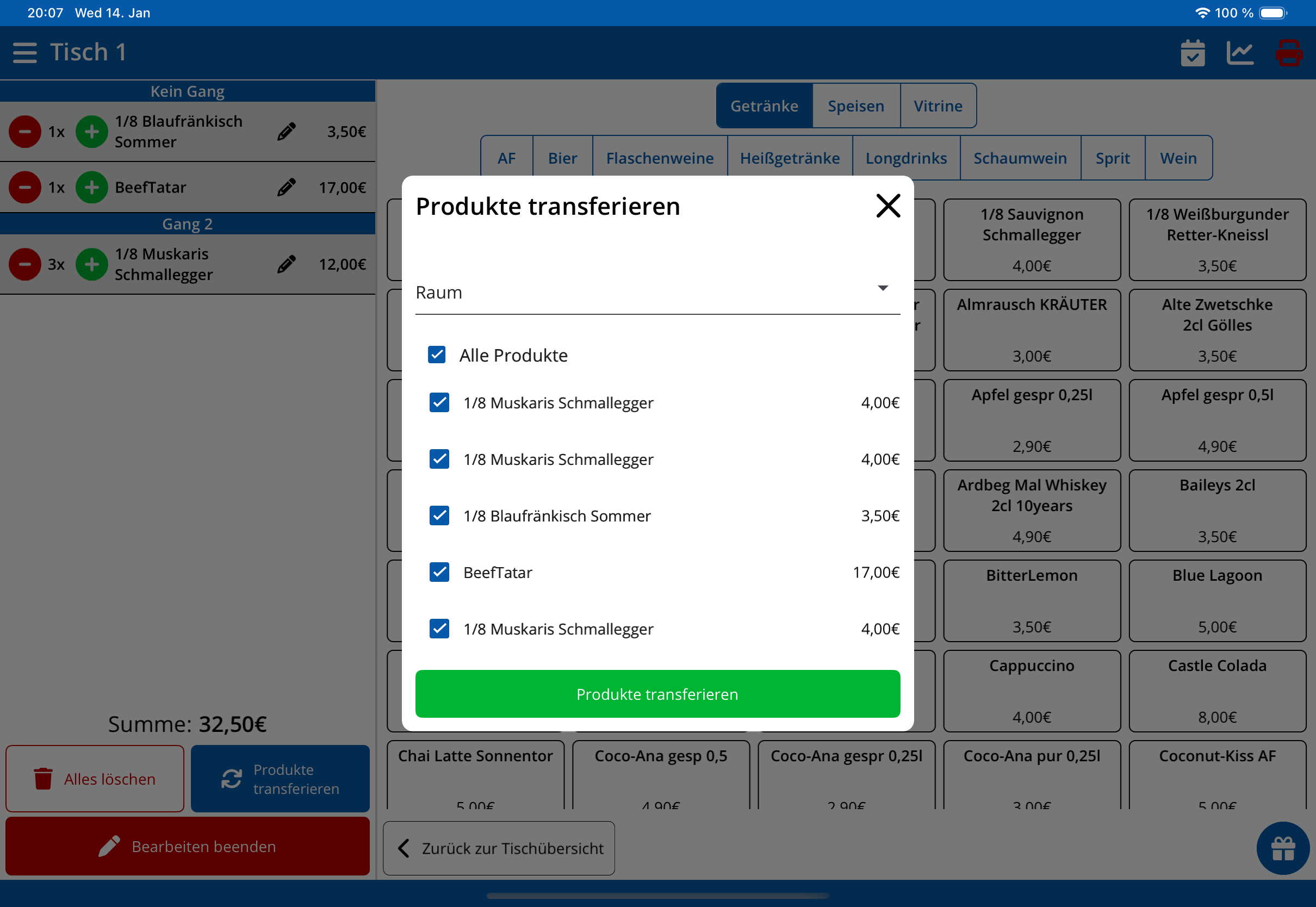 Produkte transferieren (Tablet)