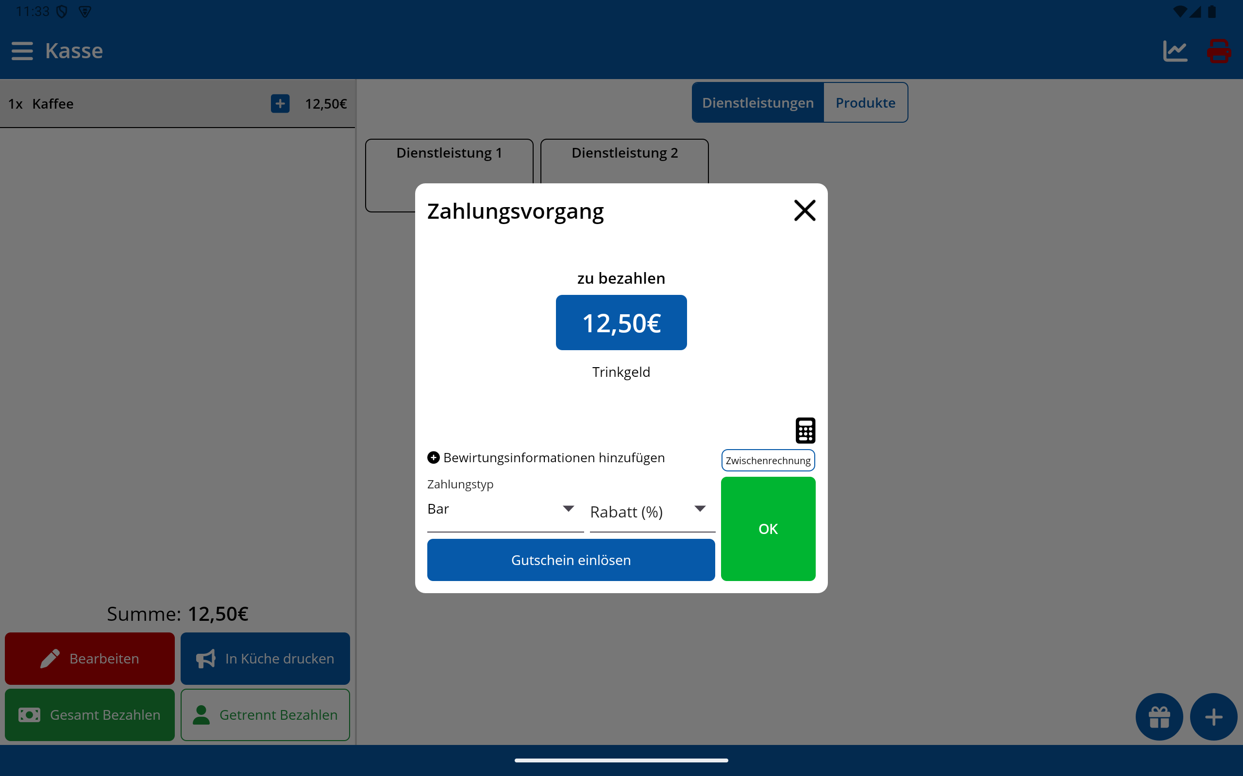 Taschenrechner-Symbol im Zahlungs-Dialog (Tablet)