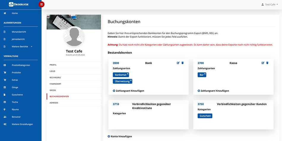 Buchungskonten Einstellungen aufrufen