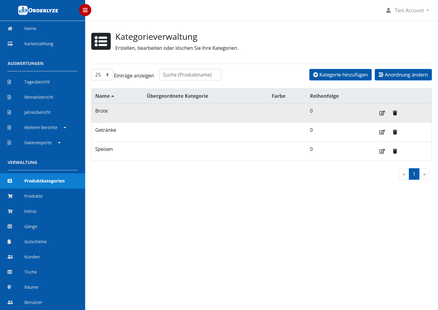 Produktkategorien im Web Dashboard