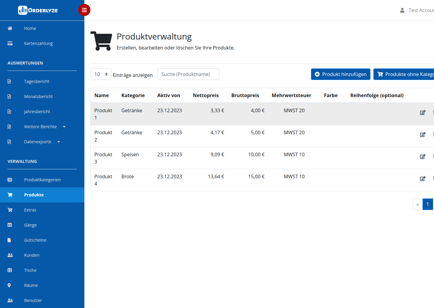 Produkte im Web Dashboard